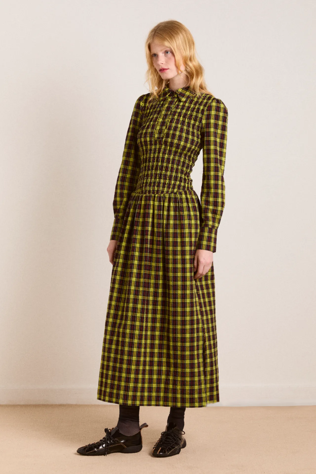hazel long sleeve midi dress - bold yellow check sold by Damson Madder product image thumbnail 4
