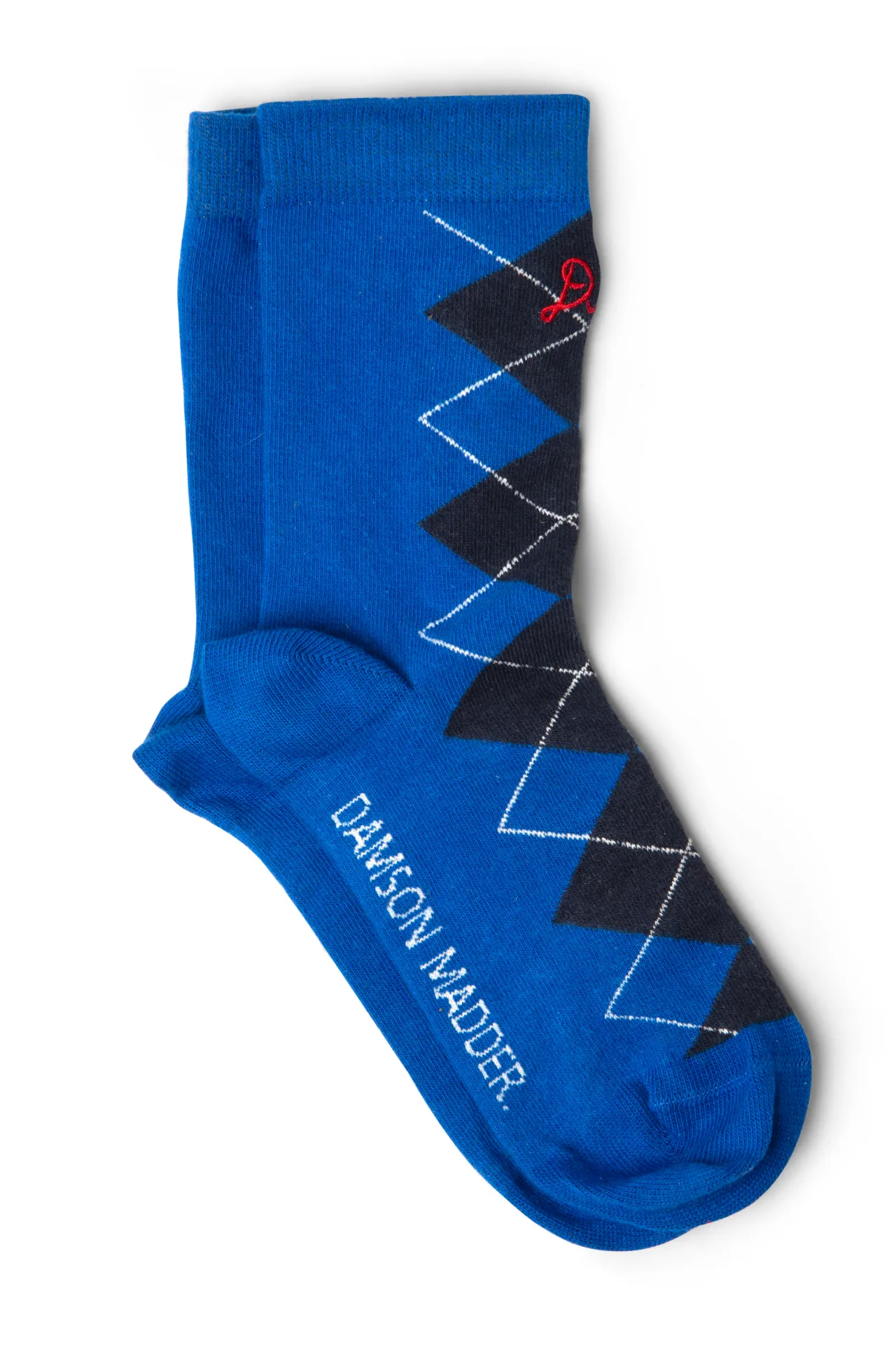 calf length argyle socks cobalt/grey sold by Damson Madder
