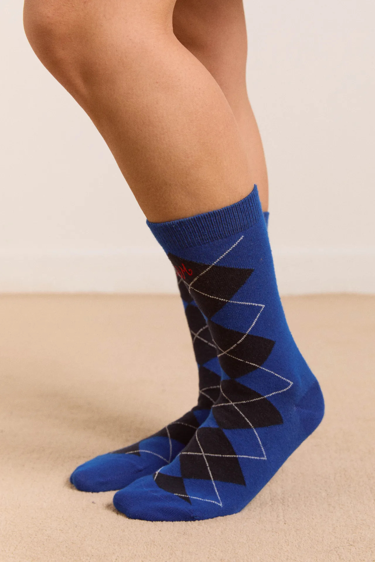 calf length argyle socks cobalt/grey sold by Damson Madder product image thumbnail 5
