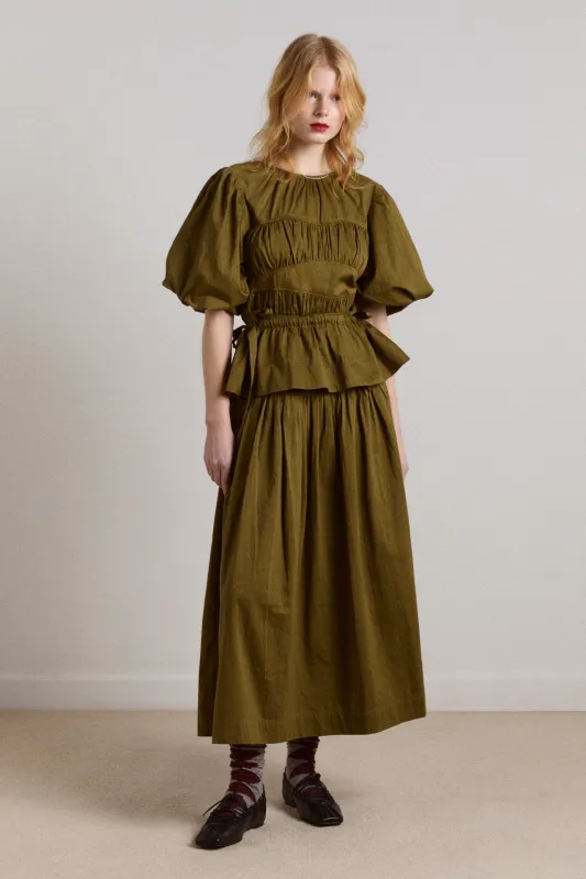 josie midi skirt - olive cotton satin sold by Damson Madder