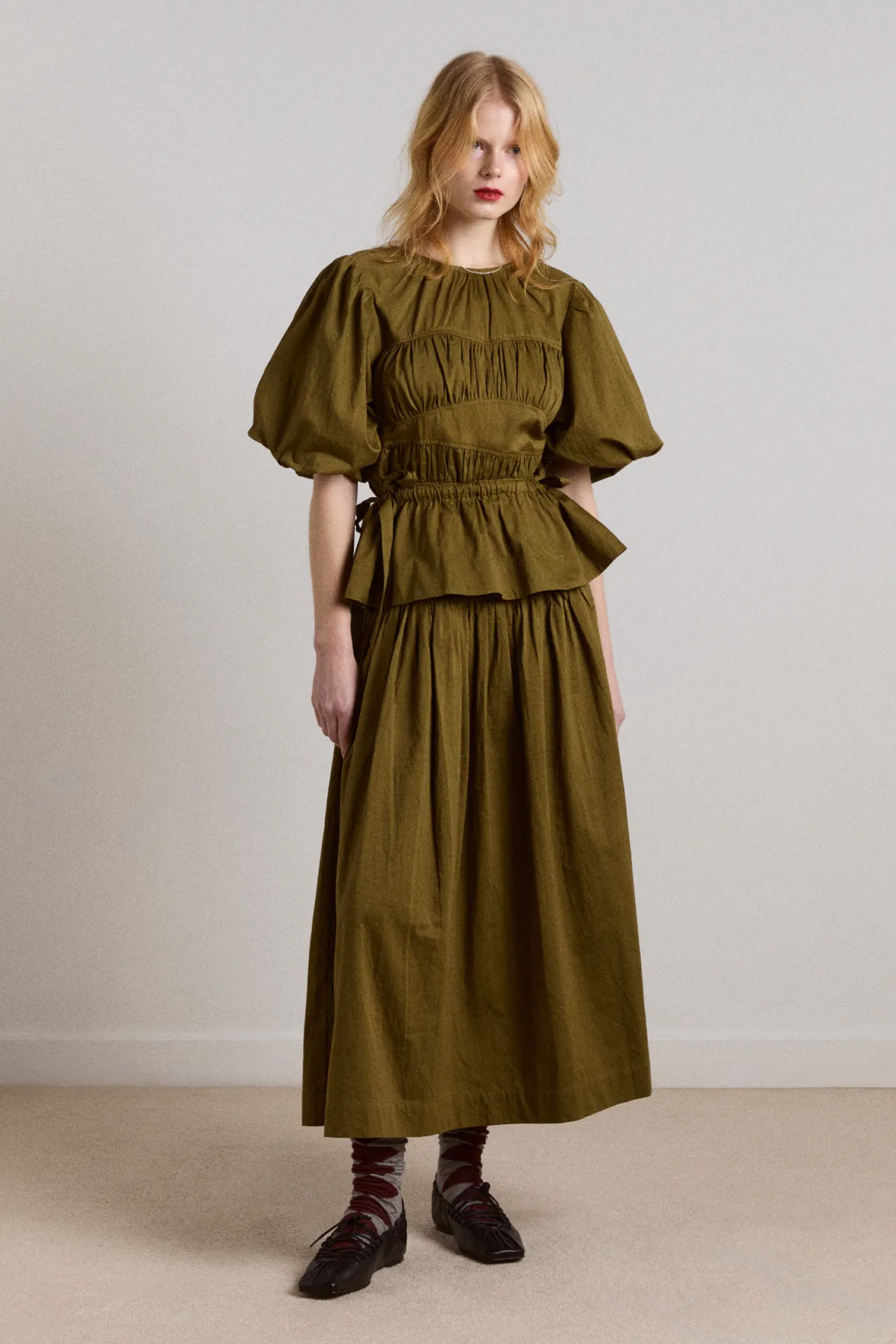 josie midi skirt - olive cotton satin sold by Damson Madder