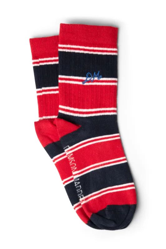 sporty calf length socks - red/navy multi stripe sold by Damson Madder