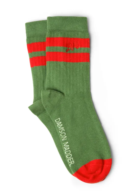 sporty calf length socks - olive and red stripe sold by Damson Madder
