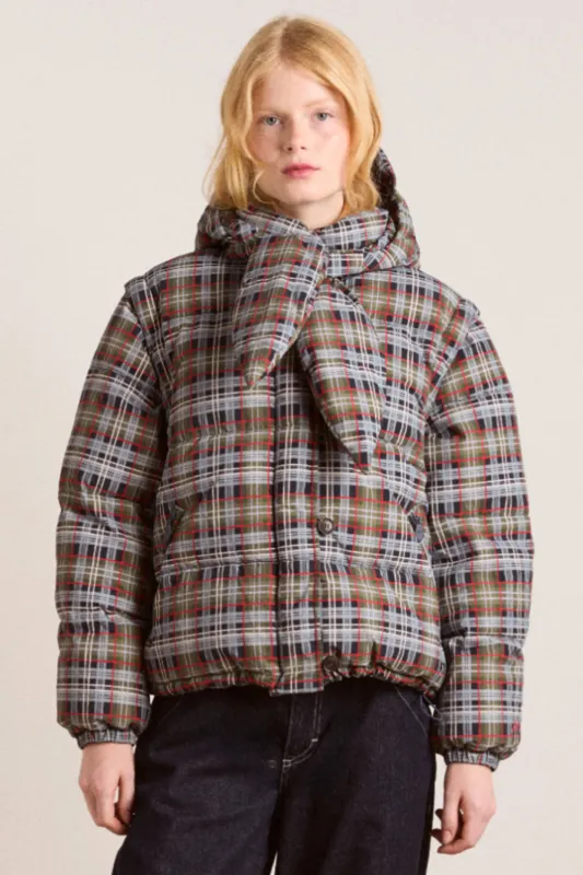 pearl hooded puffer - multi check sold by Damson Madder