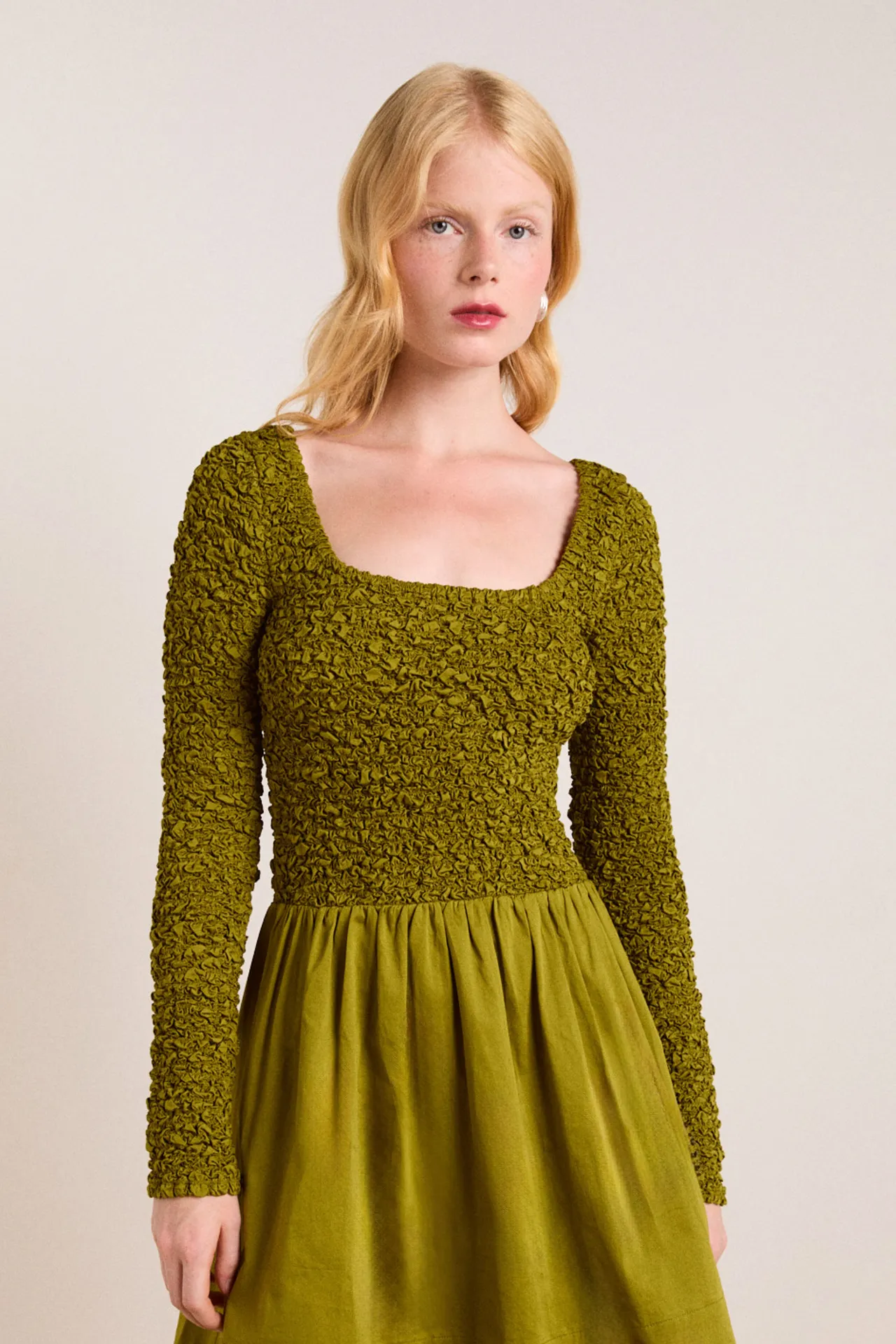 malinda super smocked mini dress - olive sold by Damson Madder product image thumbnail 5