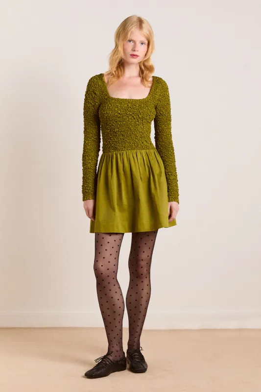 malinda super smocked mini dress - olive made by Damson Madder
