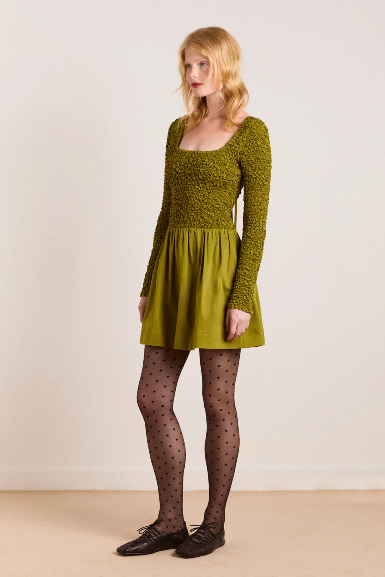 malinda super smocked mini dress - olive sold by Damson Madder product image thumbnail 3