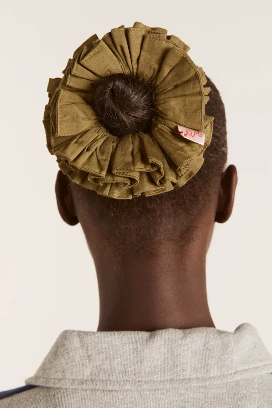 garter scrunchie - olive  satin sold by Damson Madder