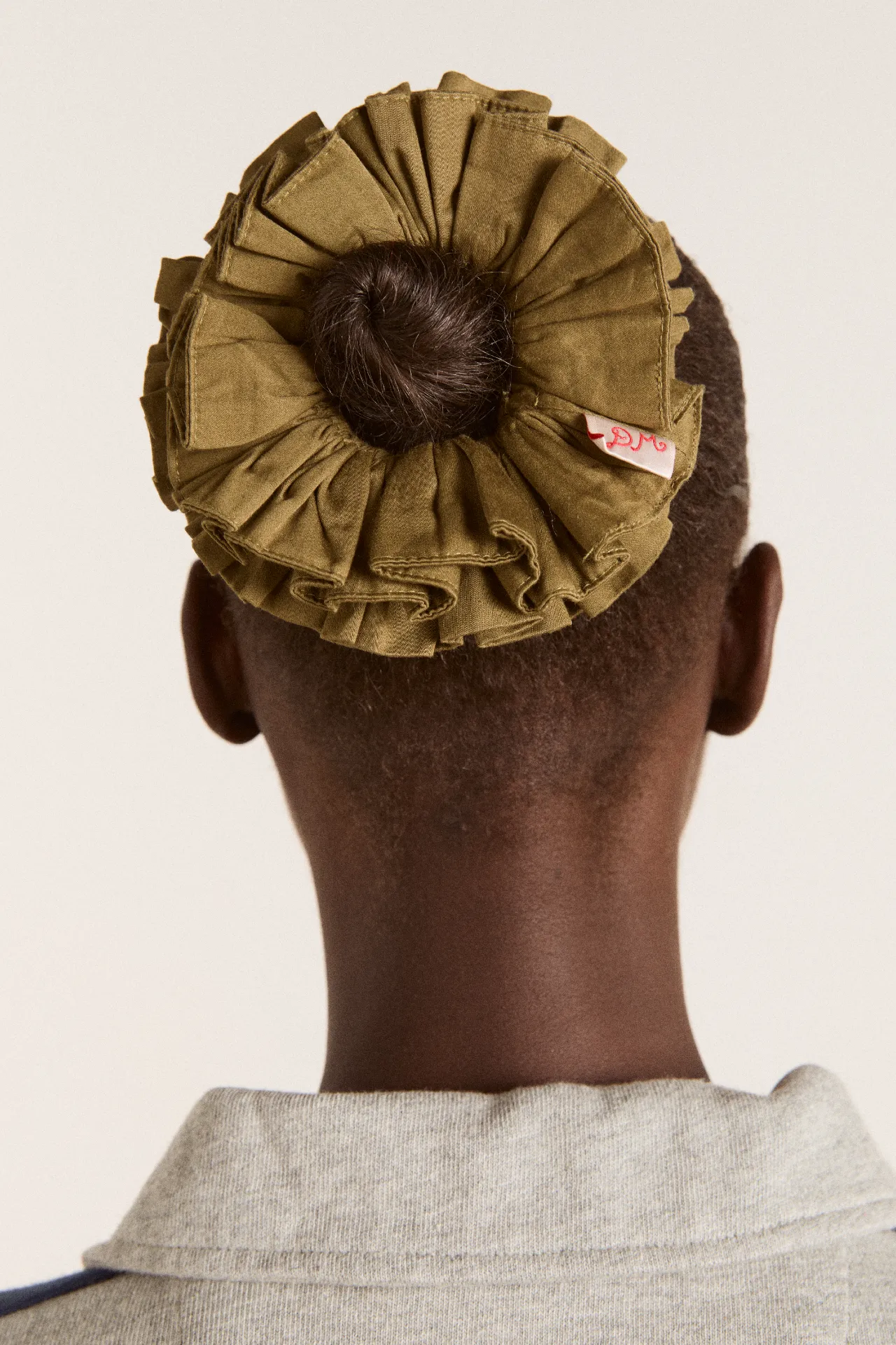garter scrunchie - olive satin sold by Damson Madder
