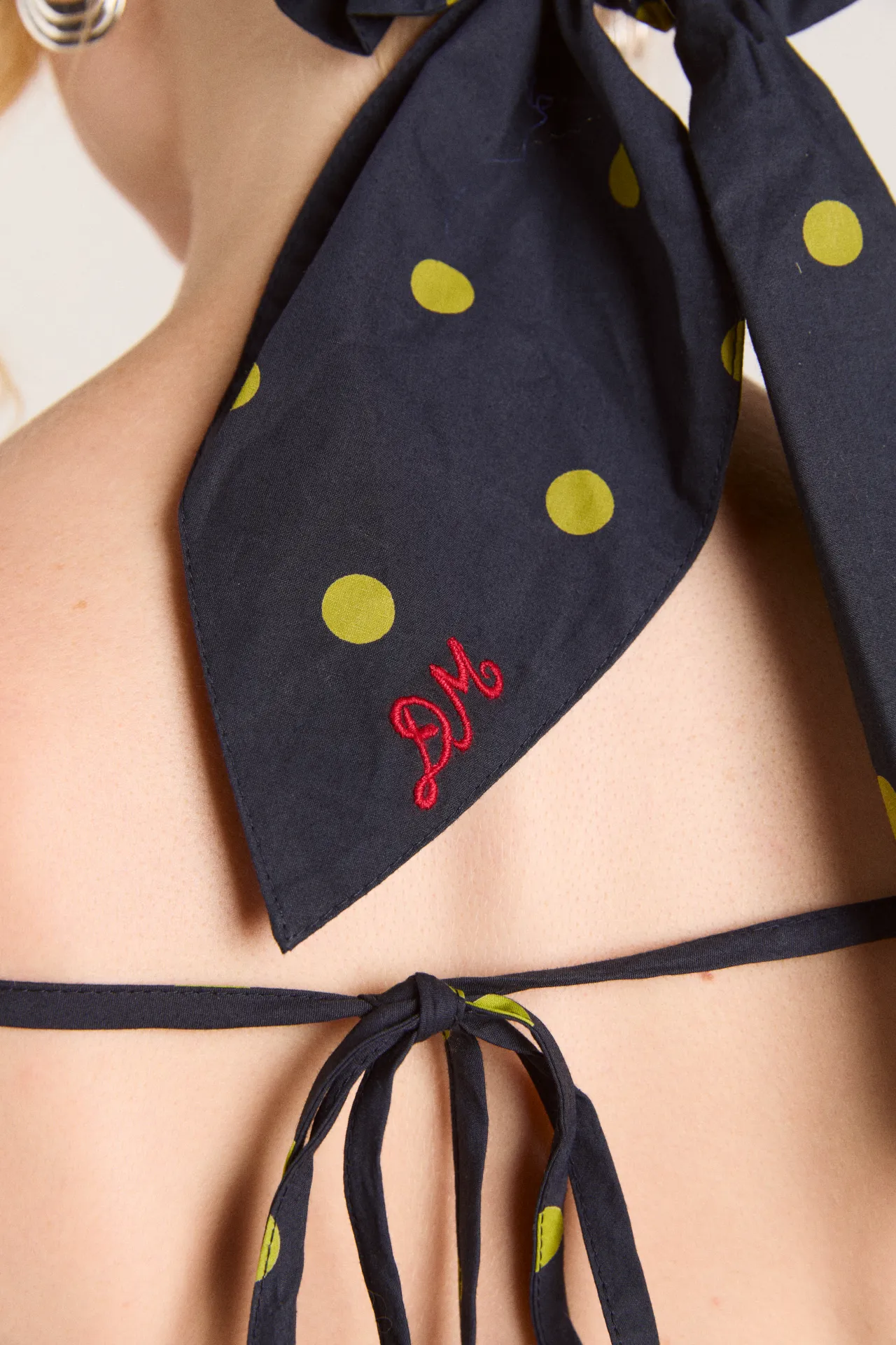 tie detail scrunchie in navy & olive spot sold by Damson Madder product image thumbnail 3