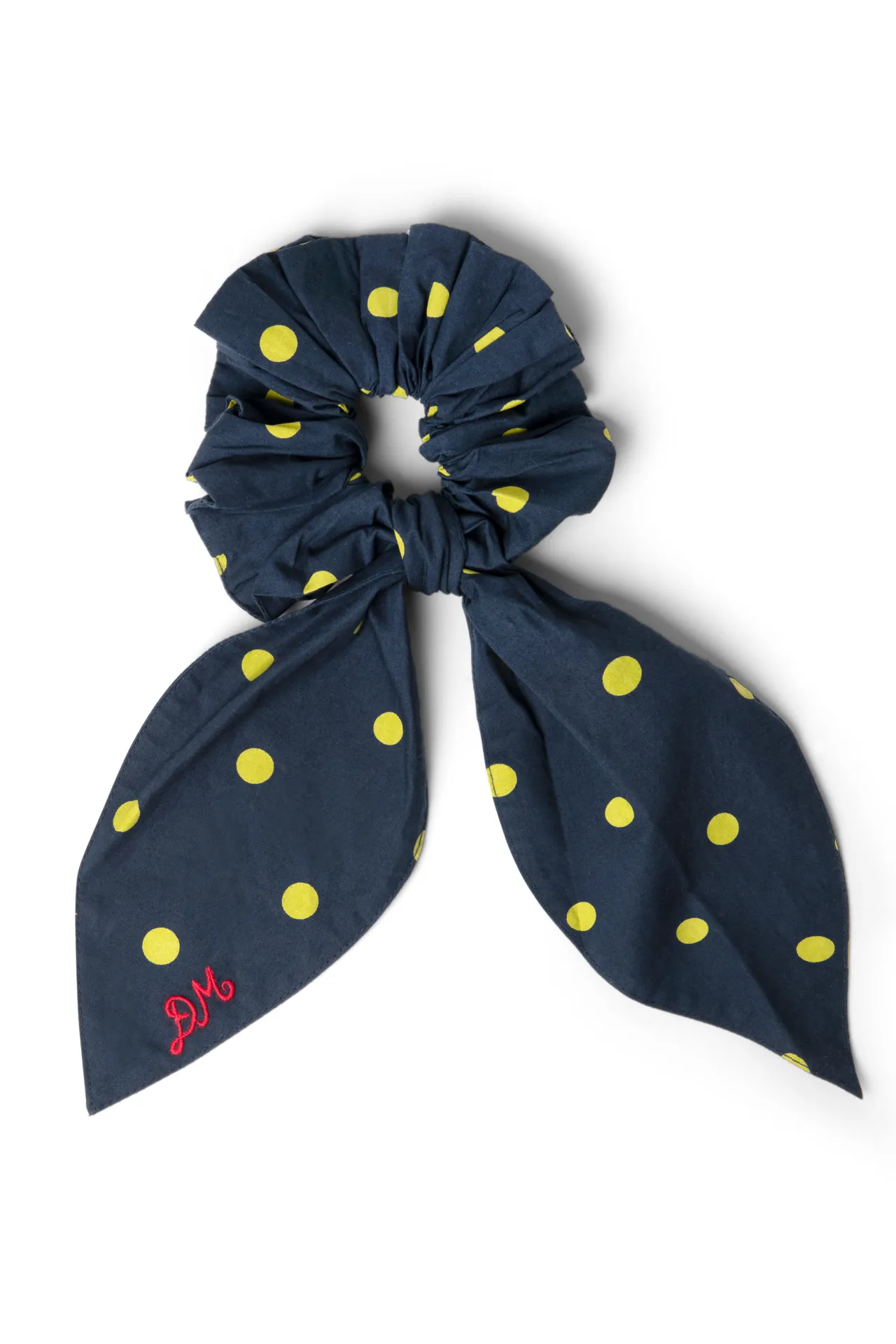 tie detail scrunchie in navy & olive spot sold by Damson Madder product image thumbnail 2