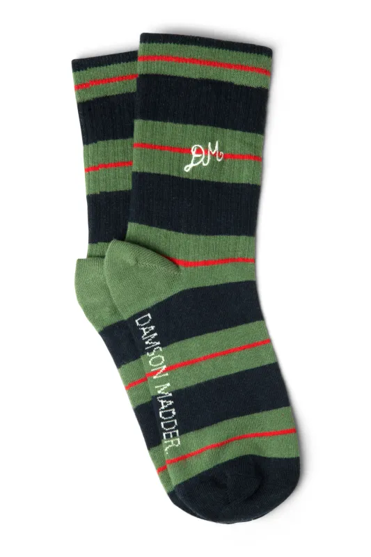 ribbed calf length socks -olive multi stripe sold by Damson Madder