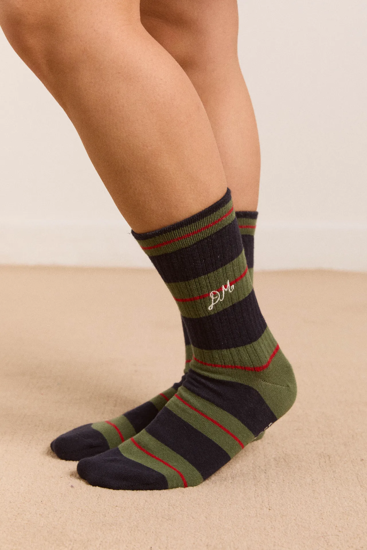 ribbed calf length socks -olive multi stripe sold by Damson Madder product image thumbnail 2
