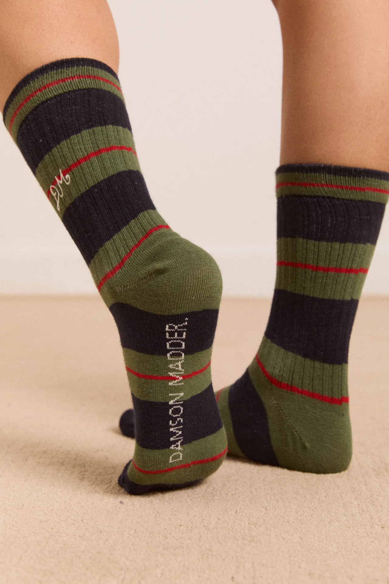 ribbed calf length socks -olive multi stripe sold by Damson Madder product image thumbnail 3