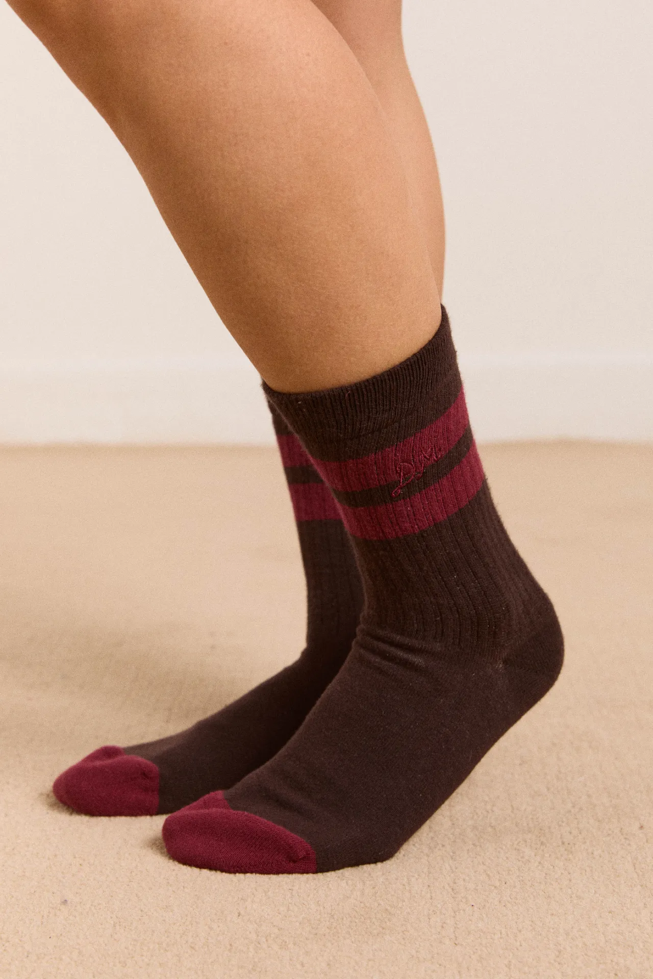 sporty calf length socks -choc and burg stripe sold by Damson Madder product image thumbnail 2