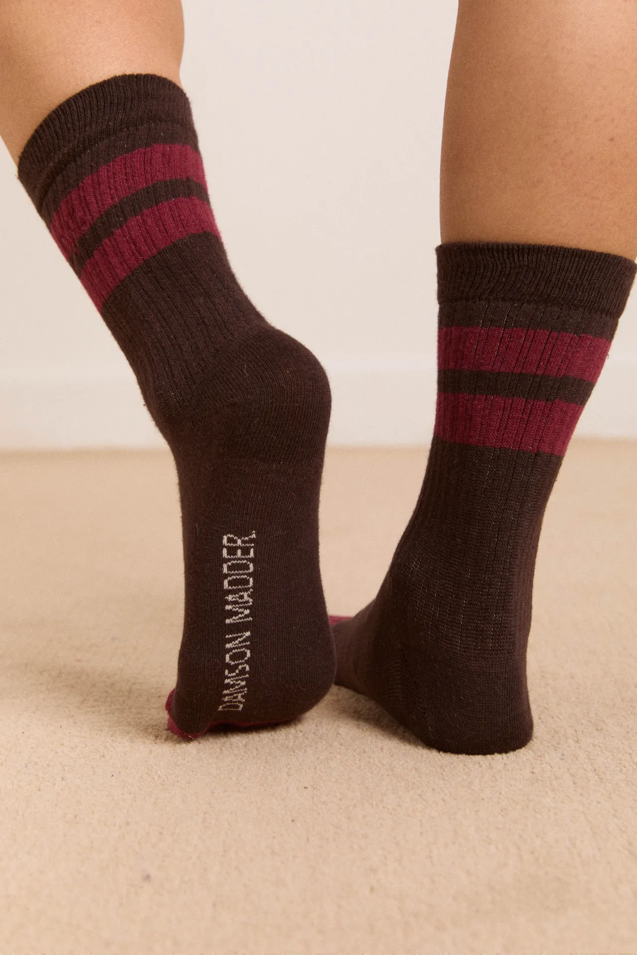 sporty calf length socks -choc and burg stripe sold by Damson Madder product image thumbnail 3