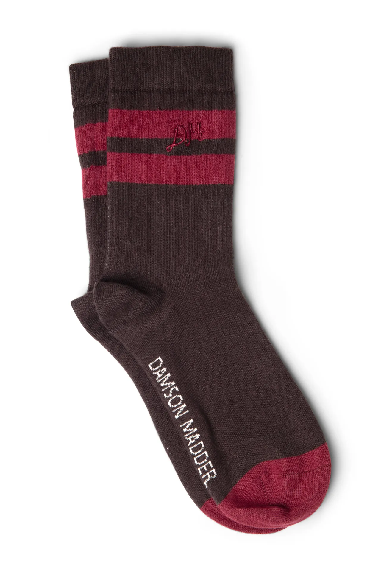 sporty calf length socks -choc and burg stripe sold by Damson Madder