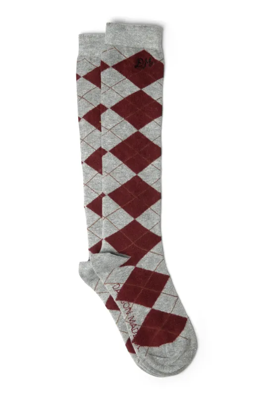 knee length argyle socks- grey and choc sold by Damson Madder