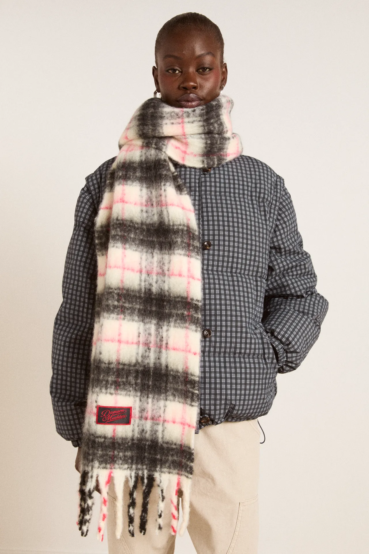 brushed oversized scarf in butter check sold by Damson Madder product image thumbnail 3