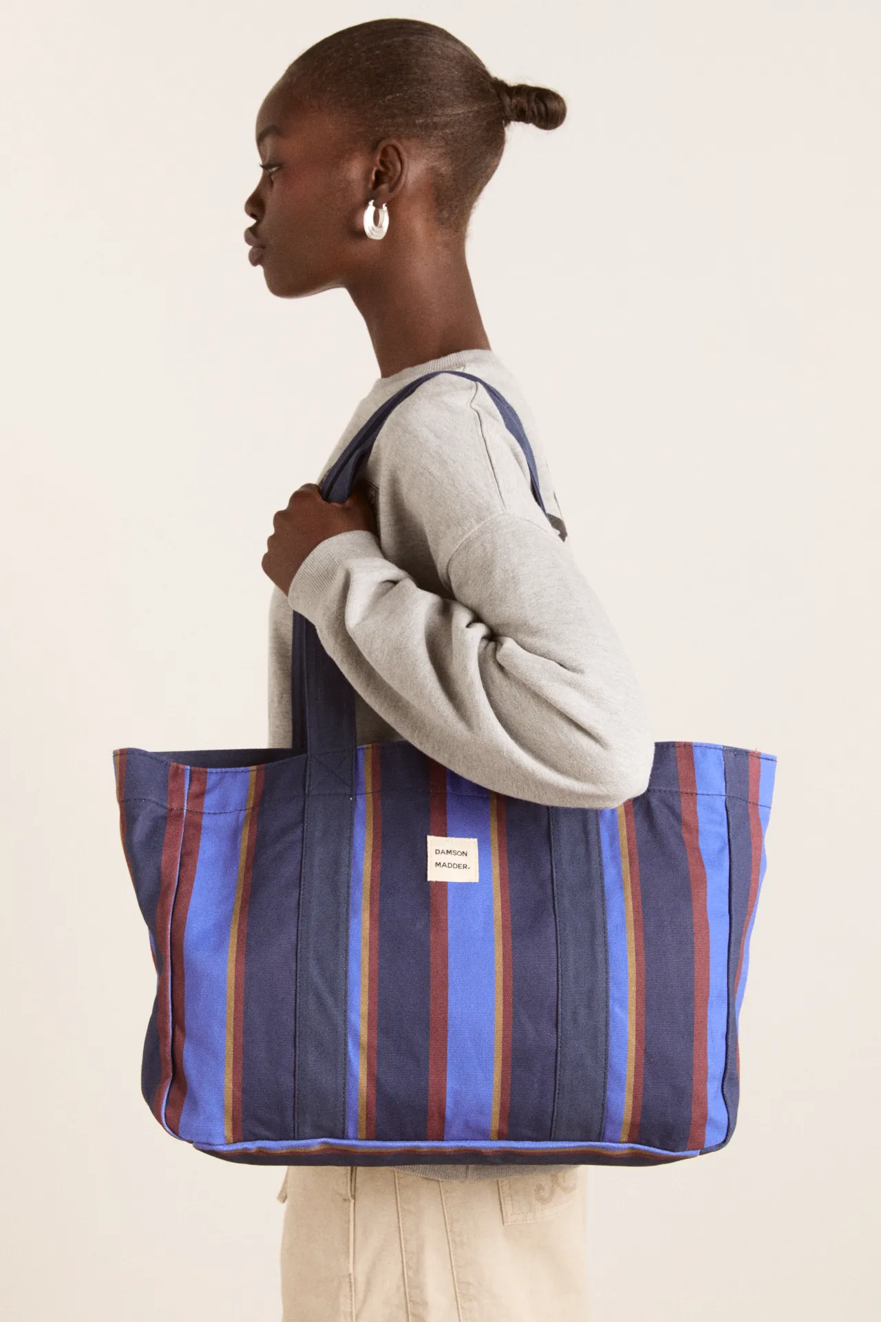 large canvas tote - navy tan wide stripe sold by Damson Madder