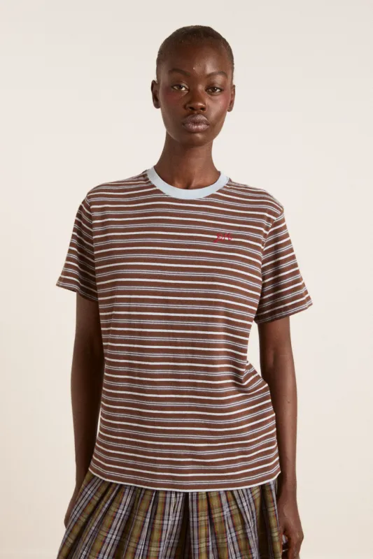 ariel relaxed ss tee - brown/blue stripe sold by Damson Madder