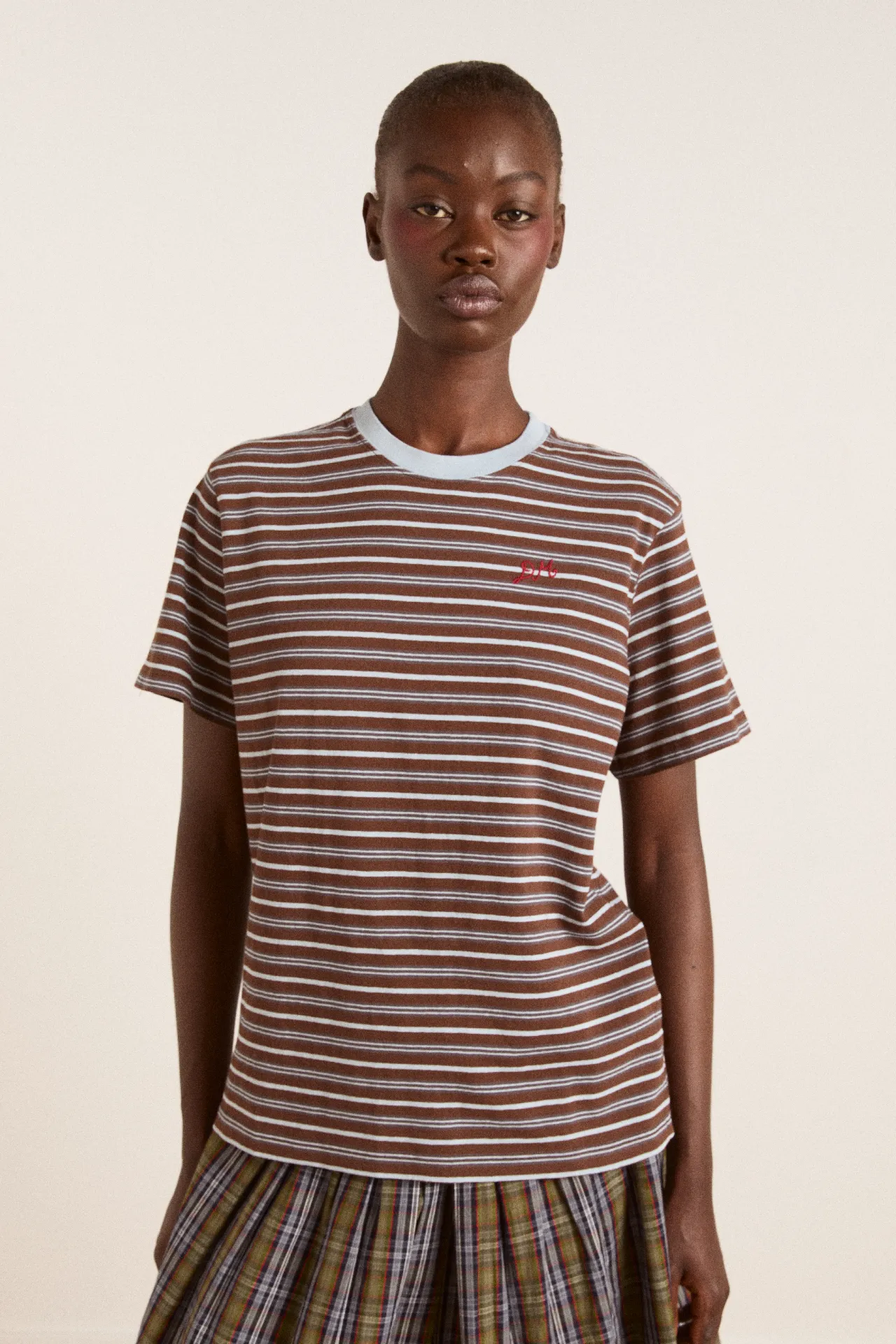 ariel relaxed ss tee - brown/blue stripe sold by Damson Madder