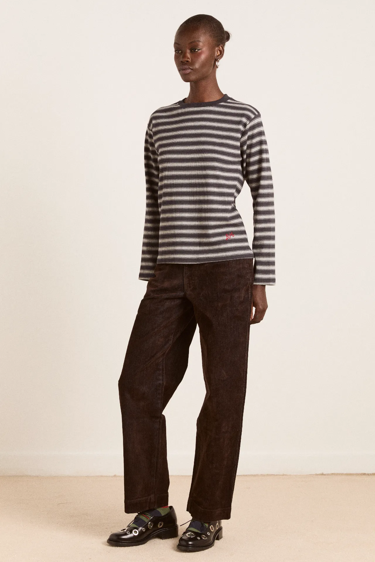 lilah fitted ls tee - grey marl stripe sold by Damson Madder product image thumbnail 3