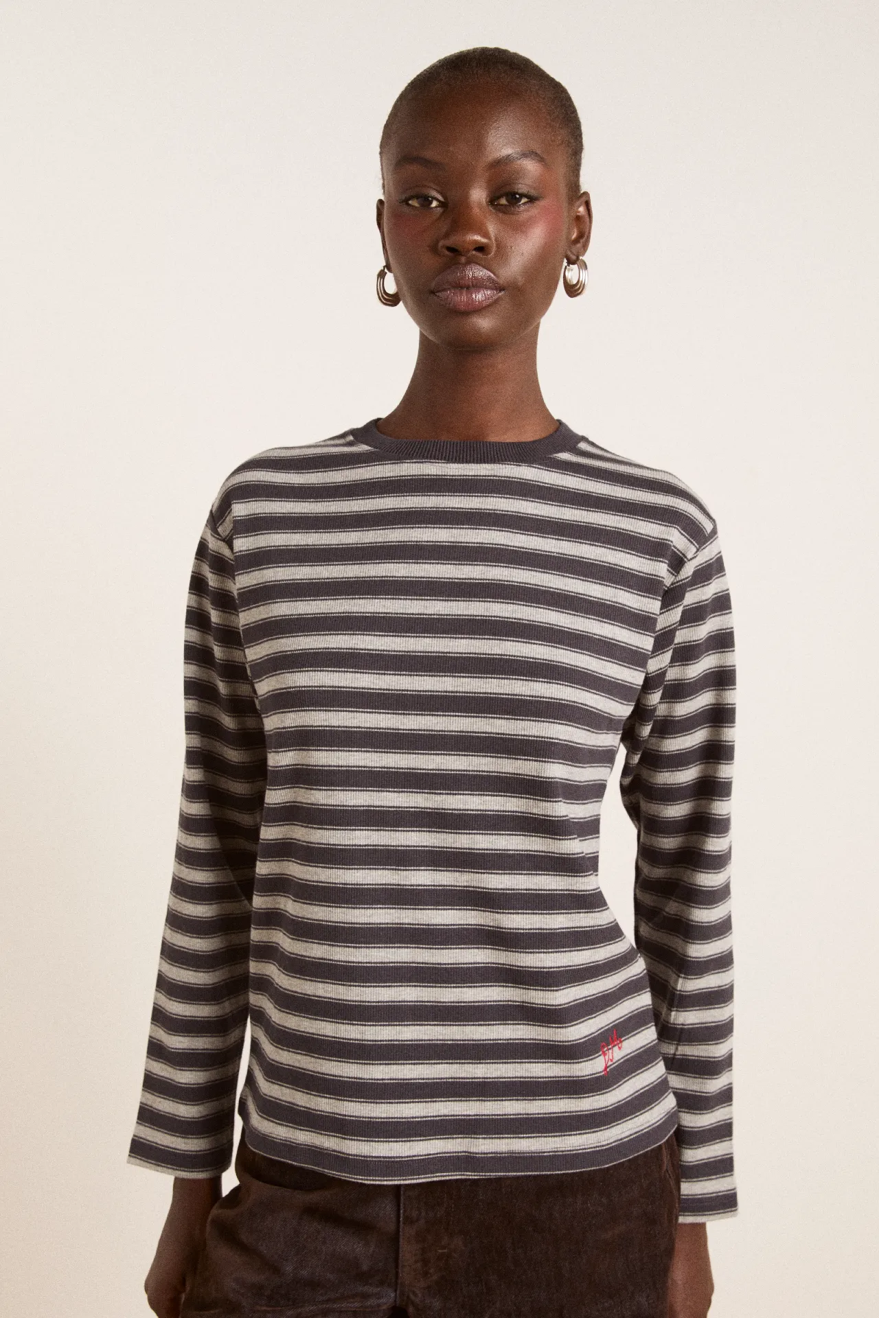 lilah fitted ls tee - grey marl stripe sold by Damson Madder