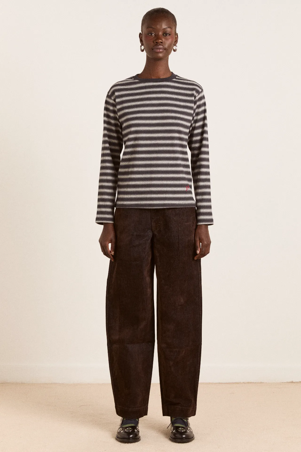 lilah fitted ls tee - grey marl stripe sold by Damson Madder product image thumbnail 2