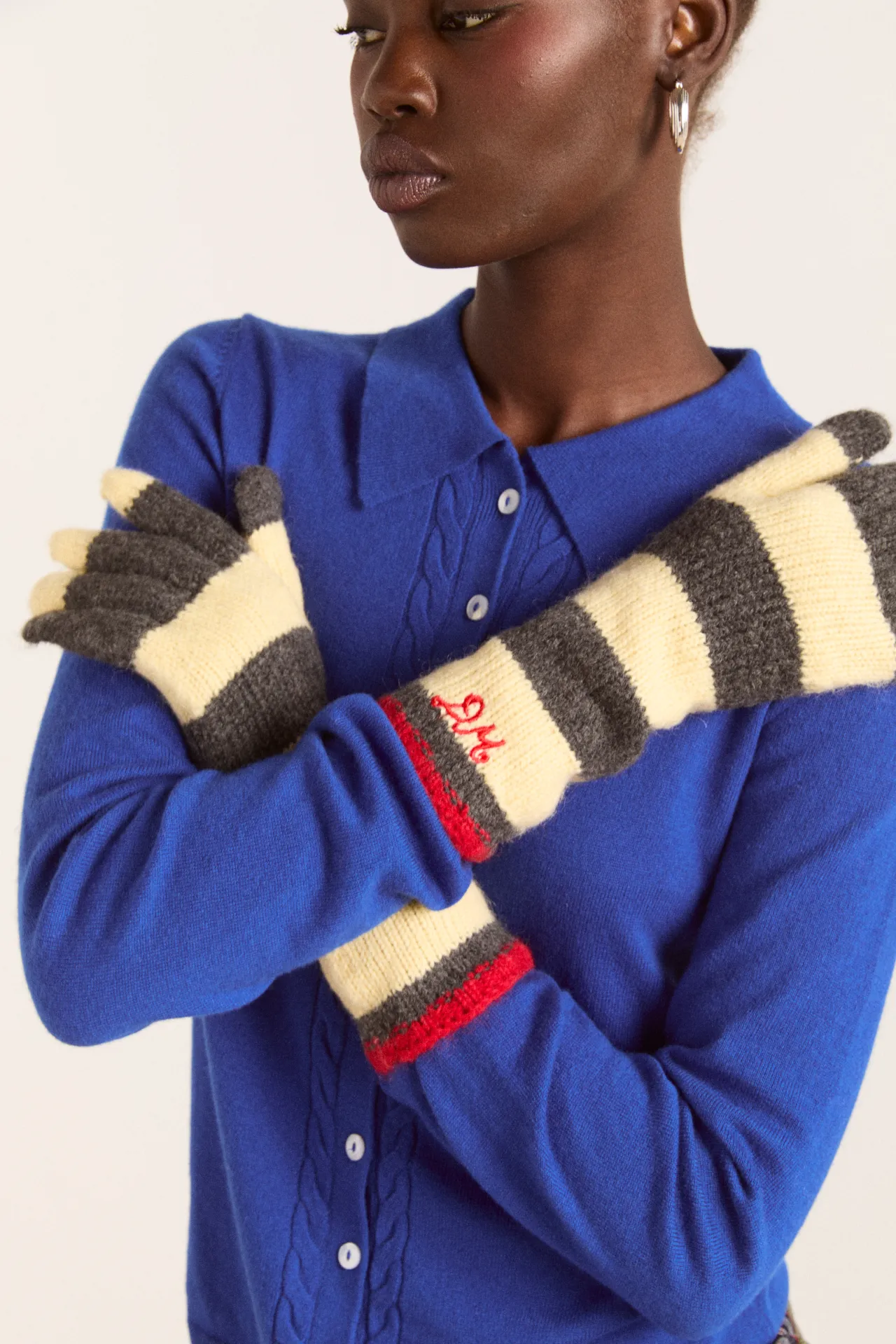 Long gloves - butter / charcoal stripe sold by Damson Madder product image thumbnail 3