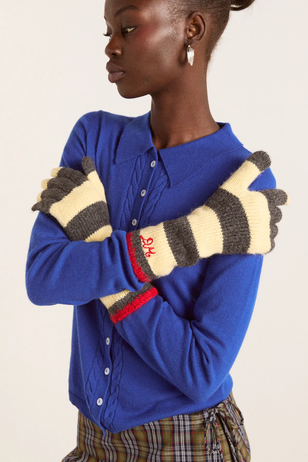 Long gloves - butter / charcoal stripe sold by Damson Madder product image thumbnail 4