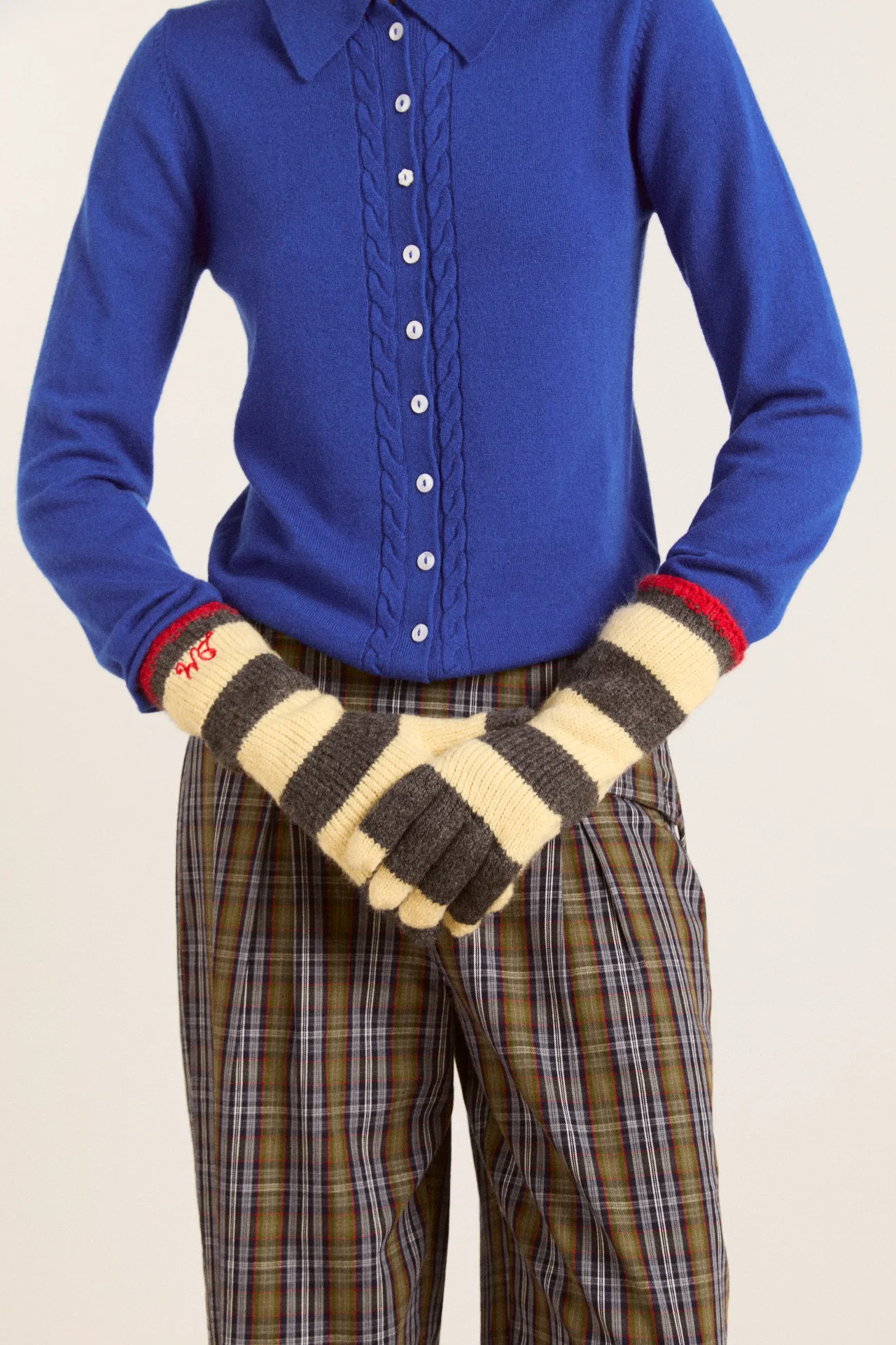 Long gloves - butter / charcoal stripe sold by Damson Madder