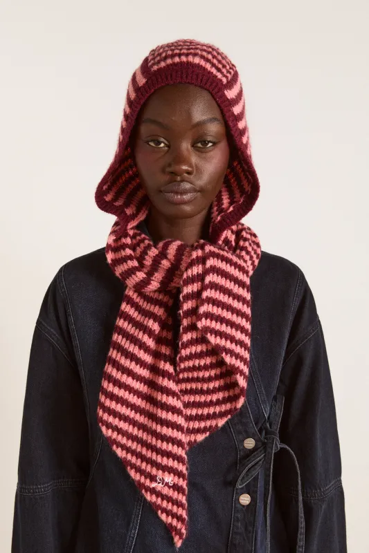 tie front hood - pink/burg stripe sold by Damson Madder