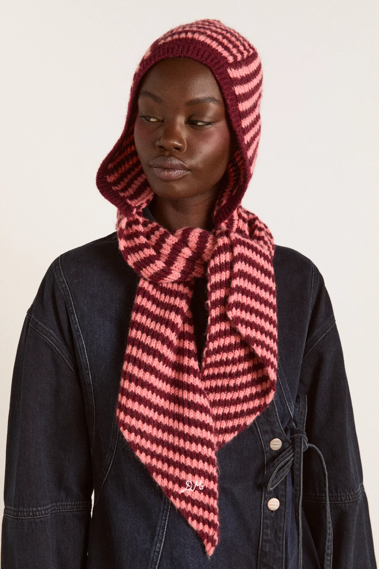 tie front hood - pink/burg stripe sold by Damson Madder product image thumbnail 2