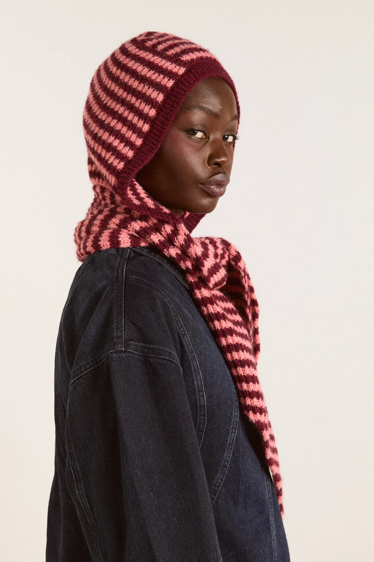 tie front hood - pink/burg stripe sold by Damson Madder product image thumbnail 3