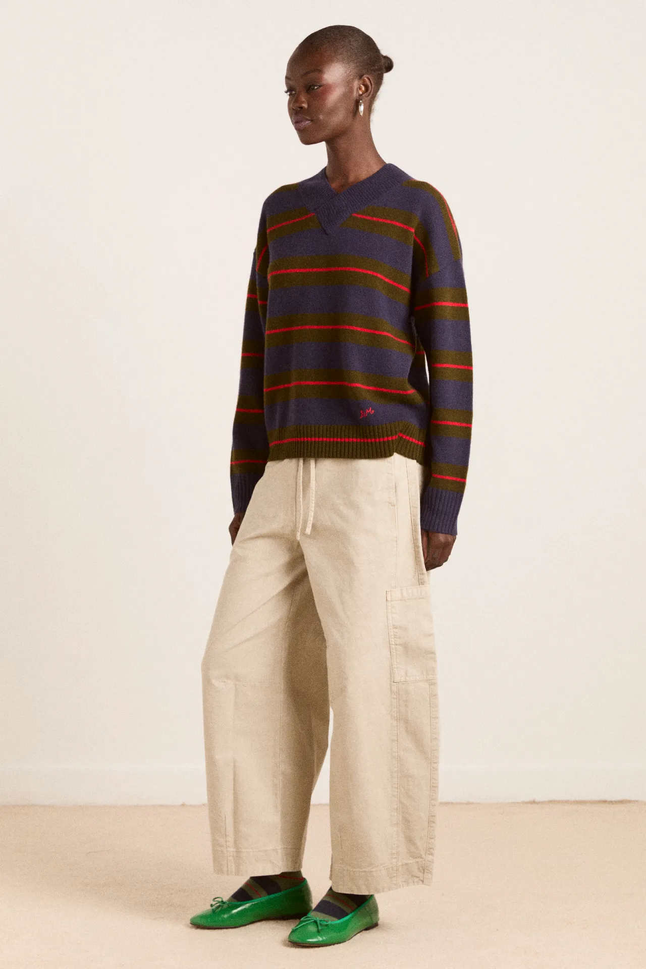 odette v-neck merino wool jumper-olive/navy stripe sold by Damson Madder product image thumbnail 4