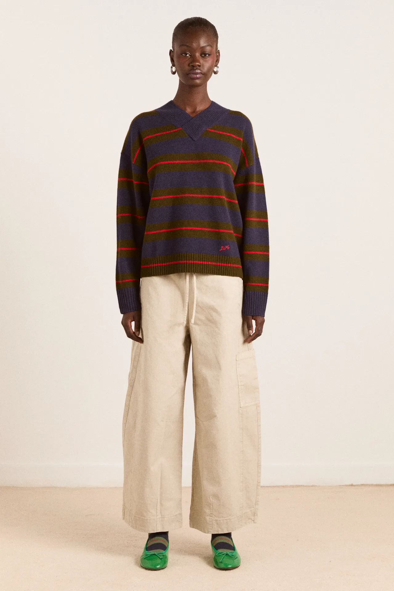 odette v-neck merino wool jumper-olive/navy stripe sold by Damson Madder product image thumbnail 2