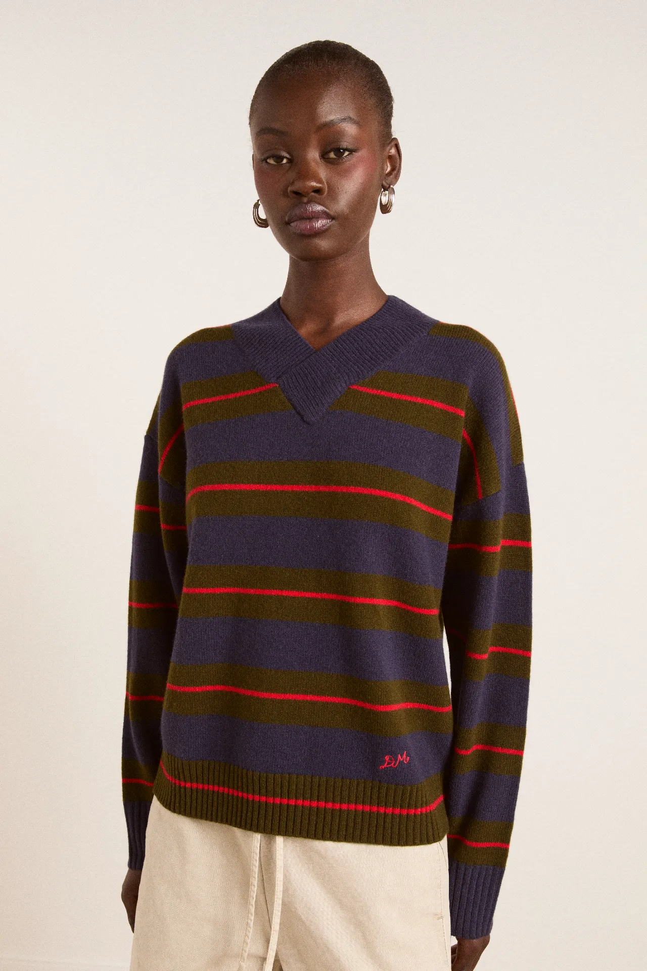 odette v-neck merino wool jumper-olive/navy stripe sold by Damson Madder