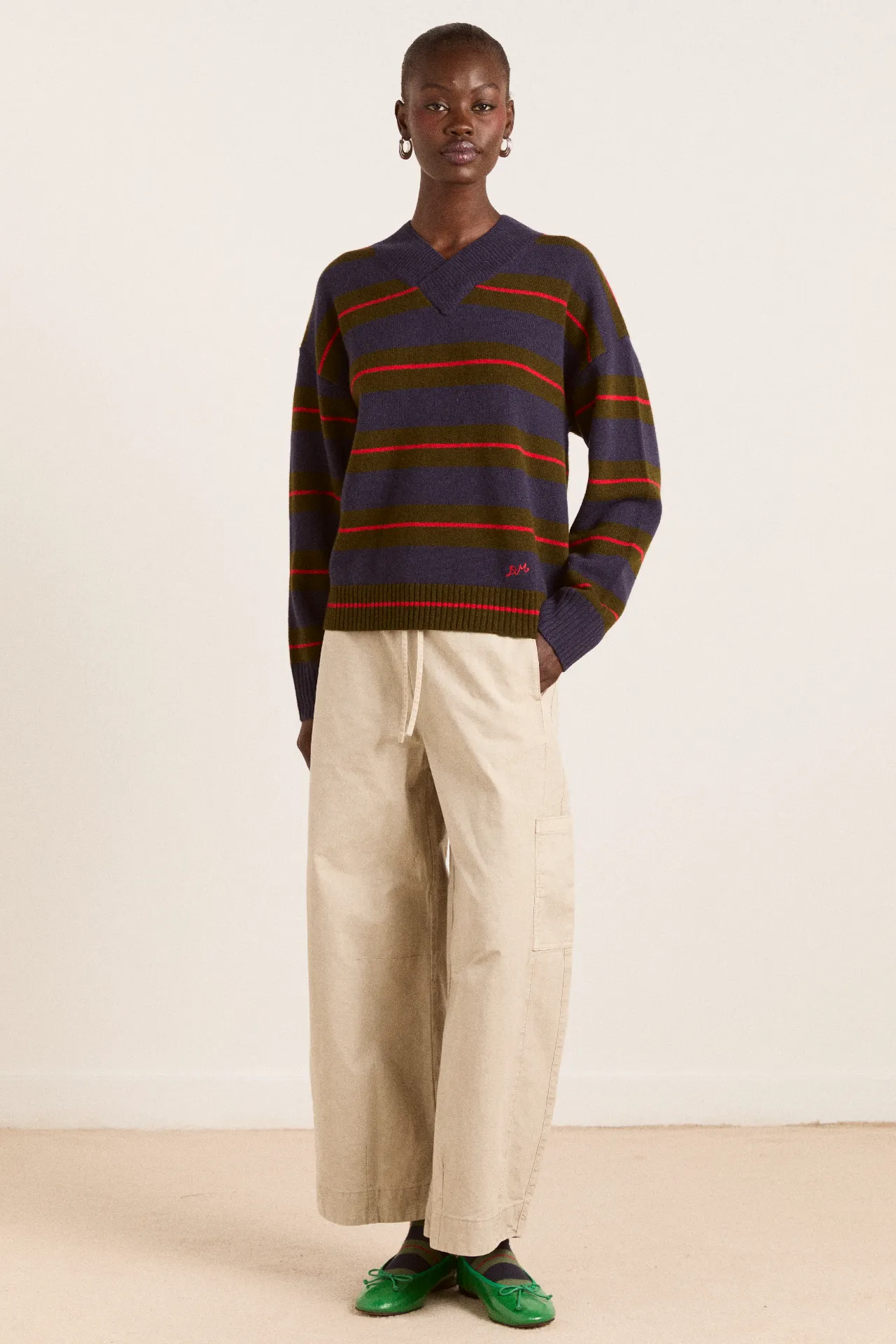 odette v-neck merino wool jumper-olive/navy stripe sold by Damson Madder product image thumbnail 3