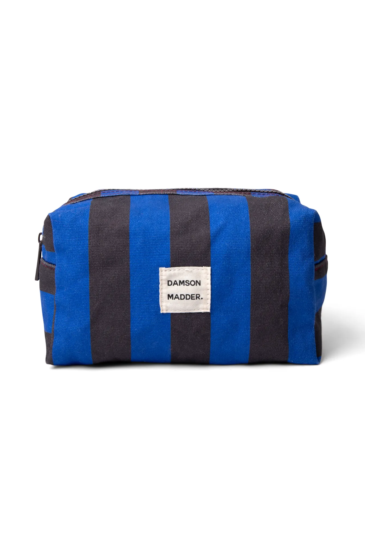 canvas make up bag- blue/grey stripe sold by Damson Madder