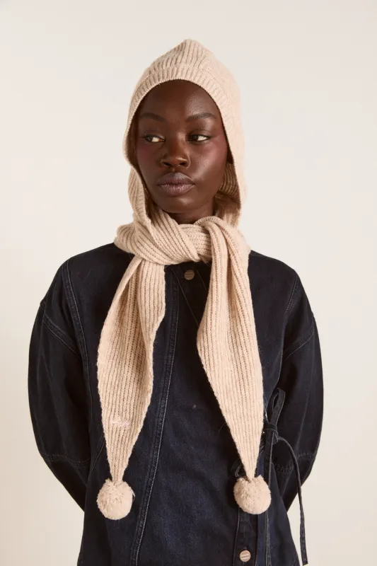 tie front hood with pom pom detail - oatmeal sold by Damson Madder
