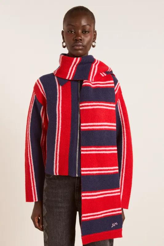Bibi scarf in merino wool blend - red/navy stripe sold by Damson Madder