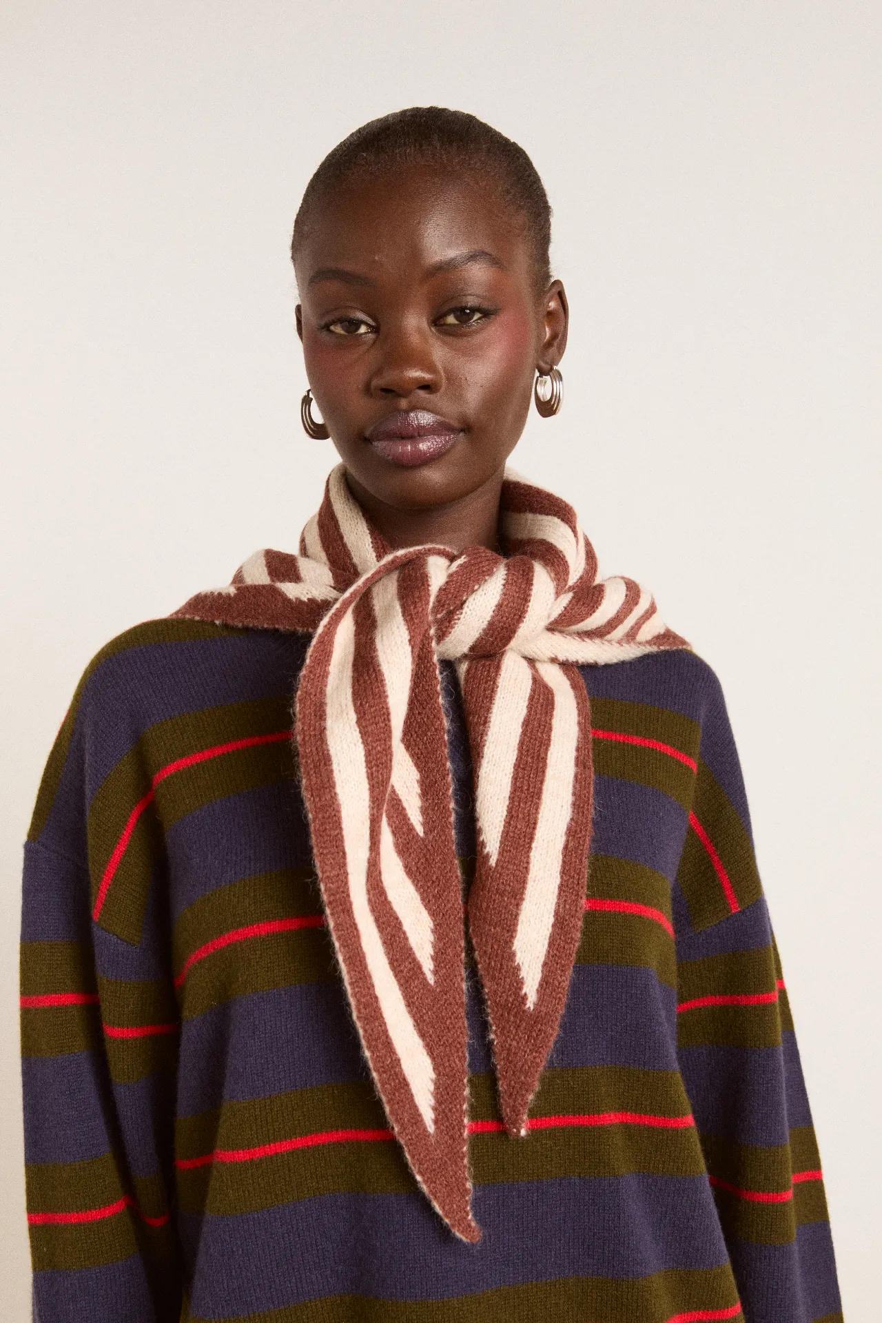 Knitted Stripe Triangle Scarf- Choc & Ecru sold by Damson Madder product image thumbnail 3