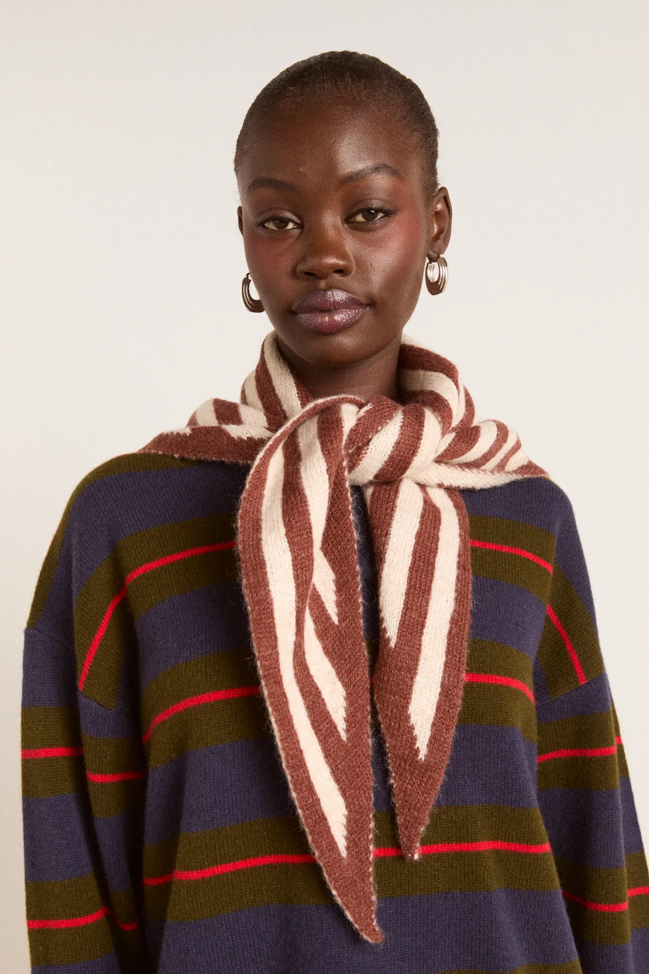 Knitted Stripe Triangle Scarf- Choc & Ecru sold by Damson Madder