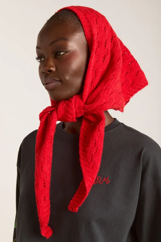 Knitted Pointelle Triangle Scarf - Red sold by Damson Madder