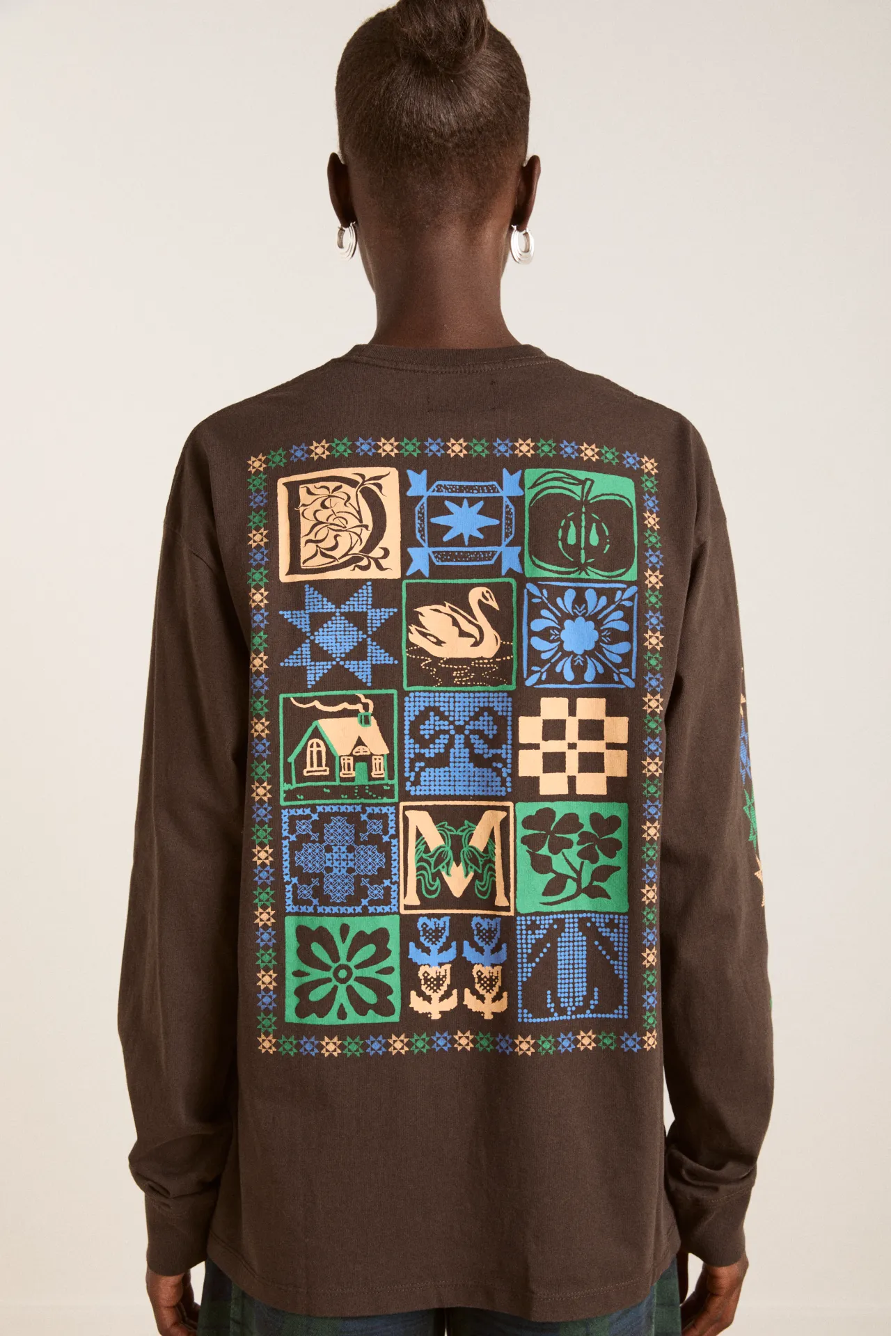 patchwork quilt ls tee - coffee bean sold by Damson Madder