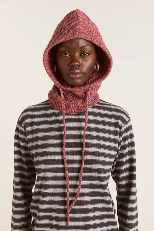 tie front hood in mixed yarn - red / grey sold by Damson Madder