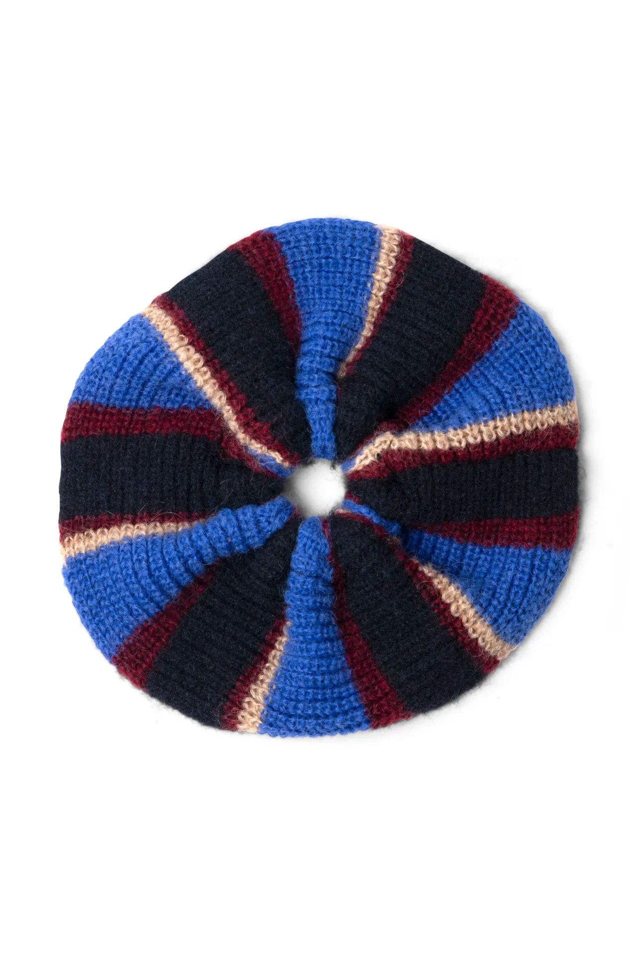 knitted scrunchie- burg/navy stripe sold by Damson Madder