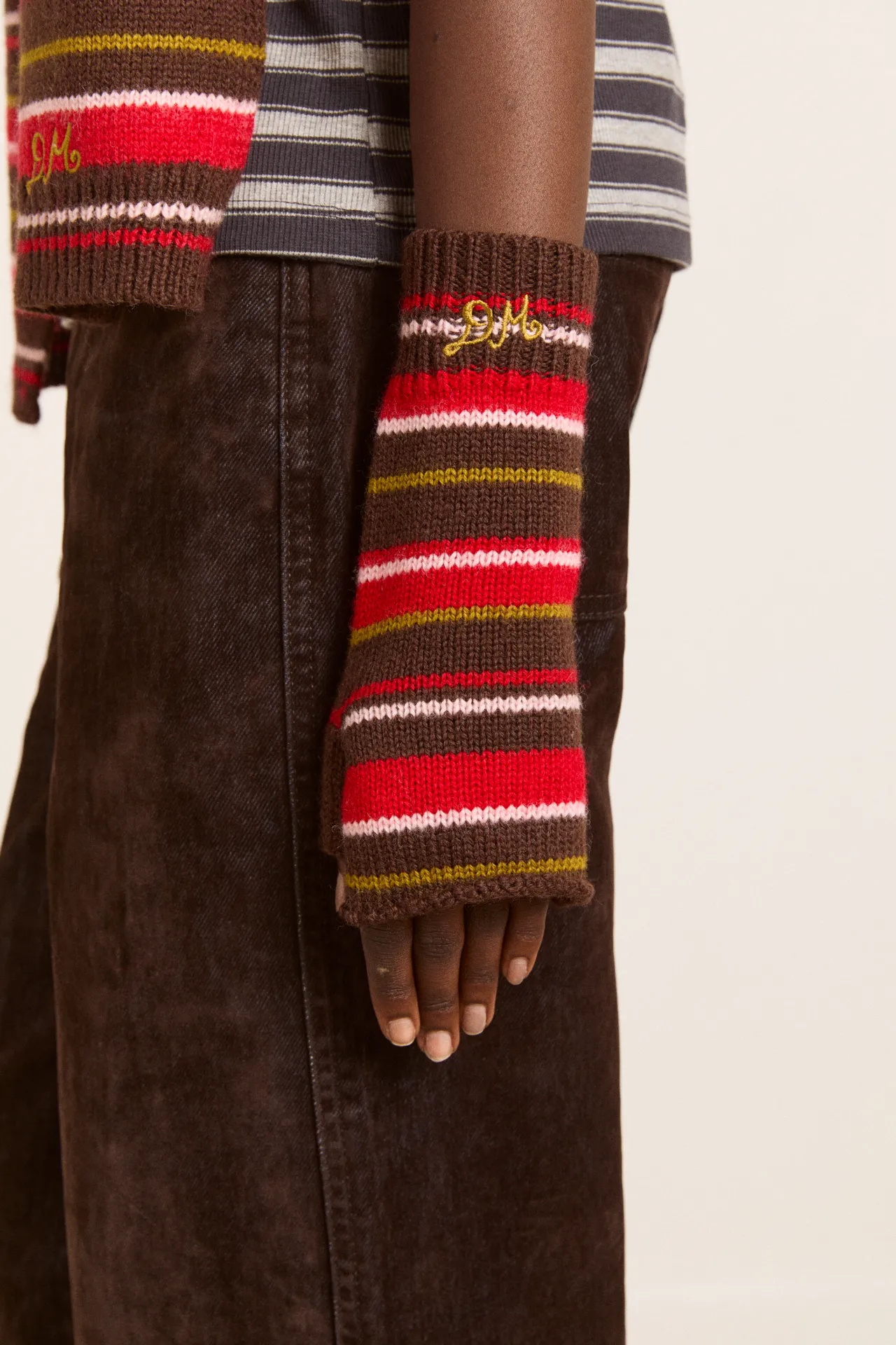 fingerless mittens - choc multi stripe sold by Damson Madder