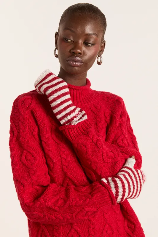 fingerless mittens - red / grey stripe sold by Damson Madder